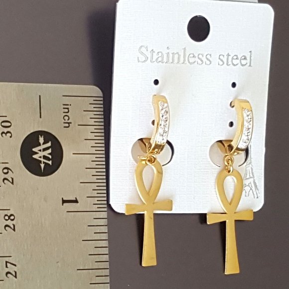 Men & Women Cross Earrings CZ Bling Huggie Hoop Dangle Gold Stainless steel - Picture 3 of 3